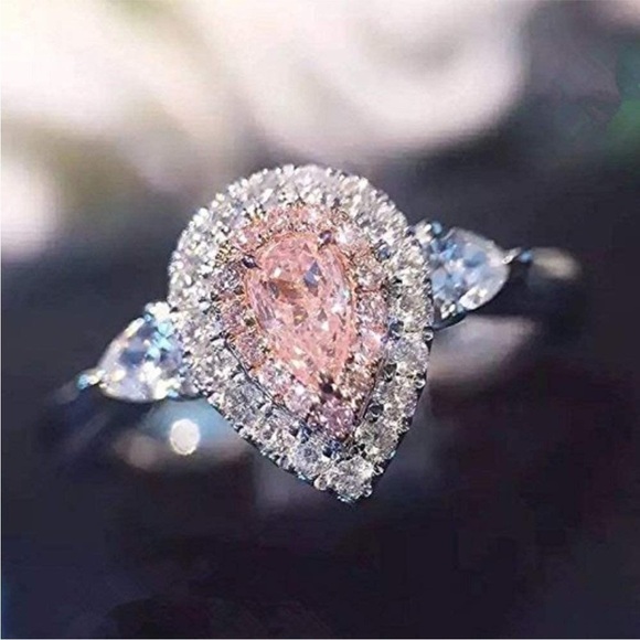Sterling Silver Pink Diamond Ring Teardrop Halo Pear Cut 2Ct Cubic Zirco… - Picture 1 of 14